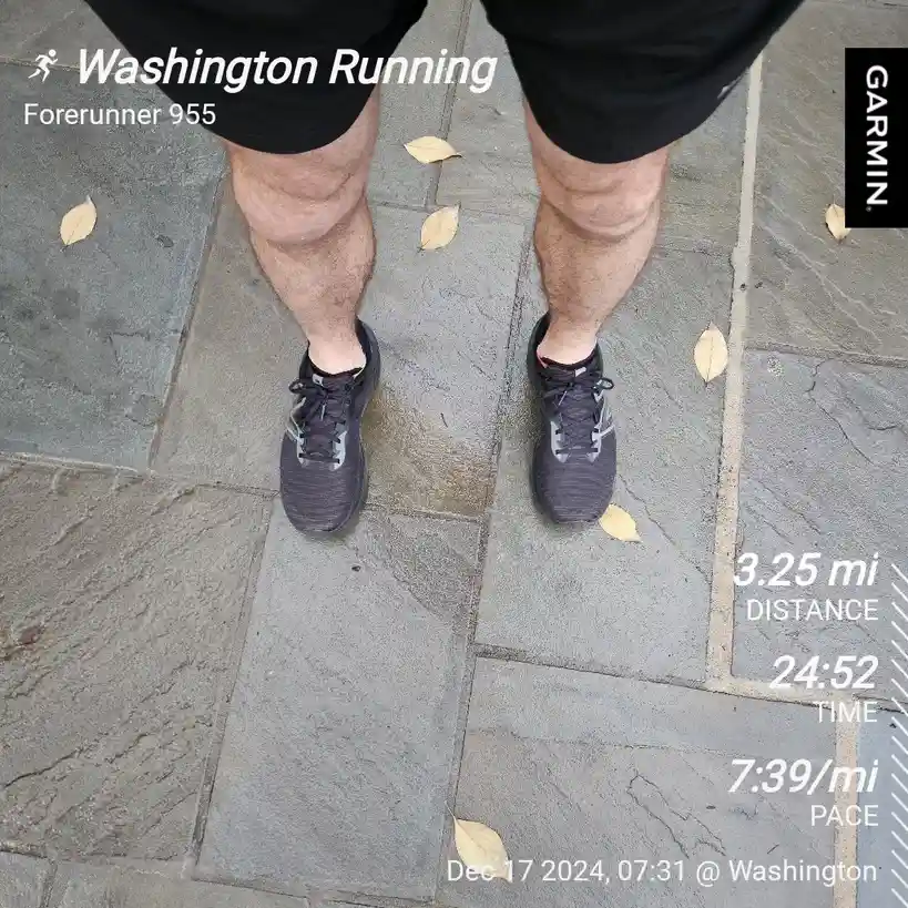 A top-down photo shows a person's legs and feet in black running shoes standing on grey stone pavement with scattered dry…