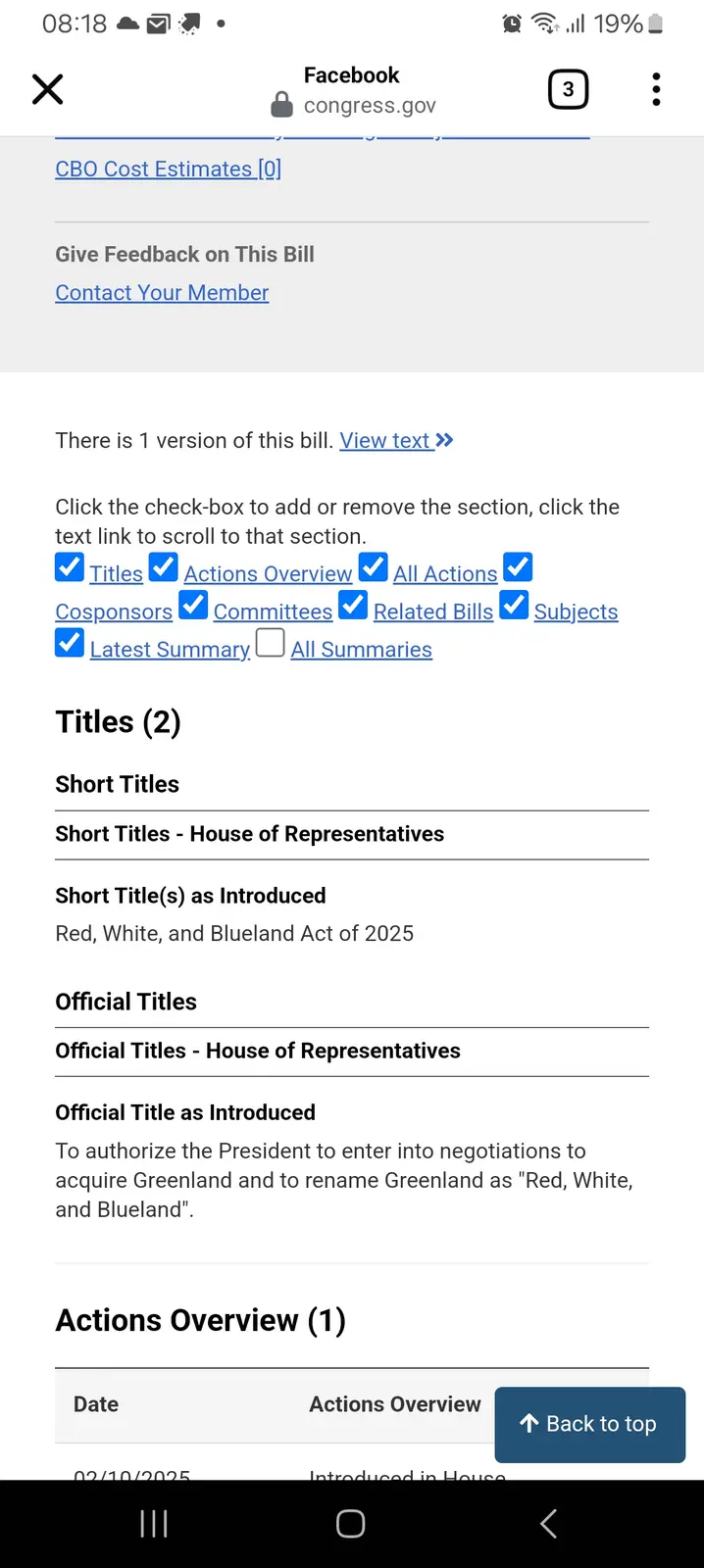 A screenshot of a congressional bill page from congress.gov, showing a bill titled 'Red, White, and Blueland Act of 2025'…