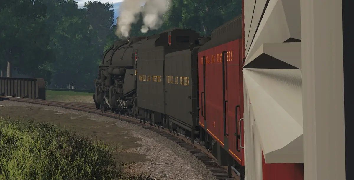 A screenshot from a train simulation game shows a Norfolk and Western steam locomotive pulling red and black freight cars…