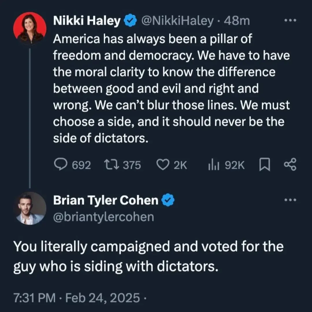 A screenshot of a Twitter thread shows Nikki Haley's tweet declaring America's moral stance against dictators, followed by a…
