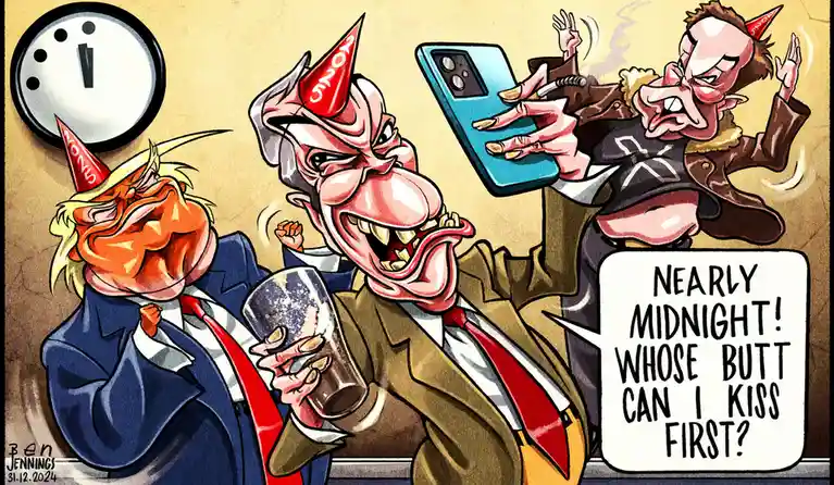 A cartoon depicts three caricatured men in party hats, one holding a glass, another holding a phone, and the third yelling…