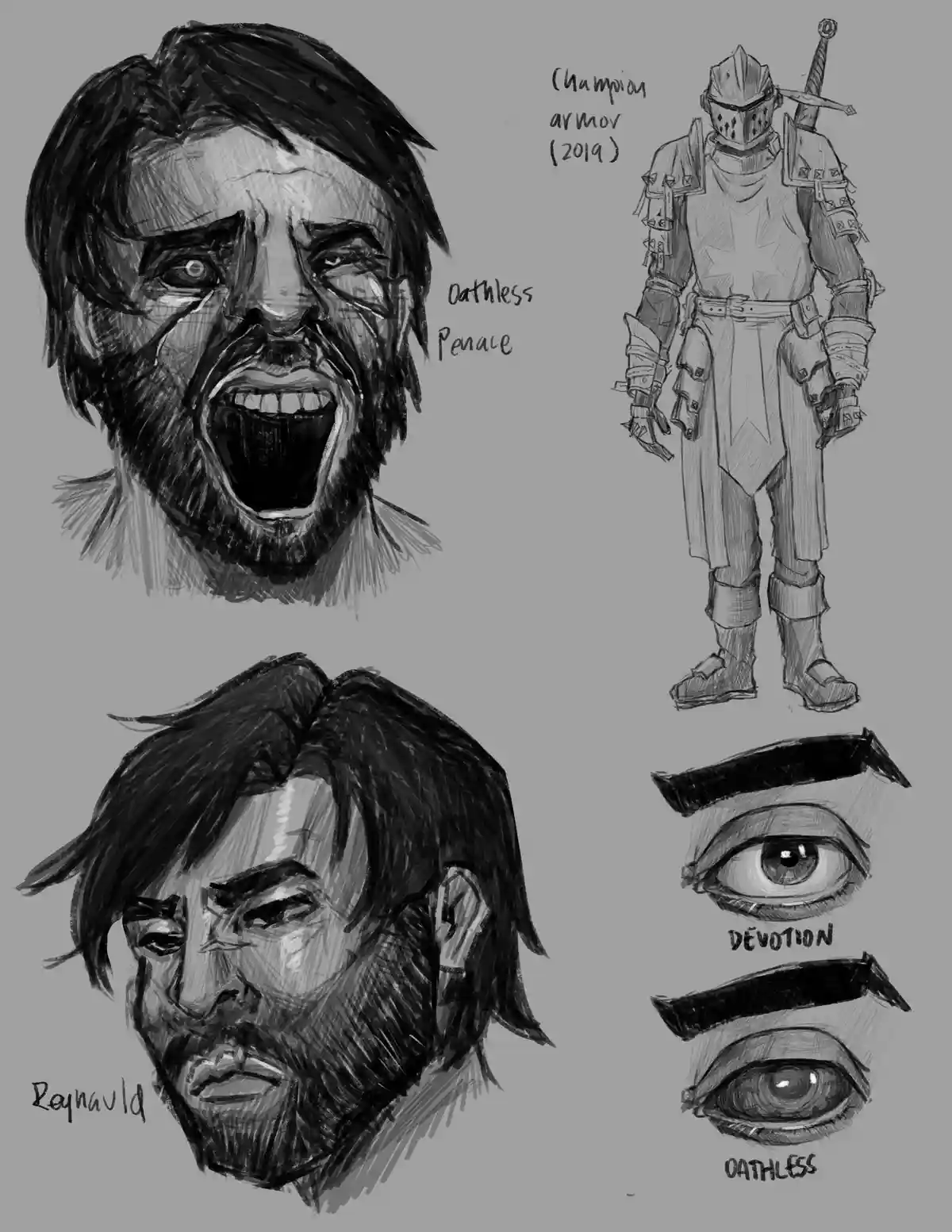 A black-and-white character design sheet shows multiple sketches of a bearded man's face, one screaming and another with a…