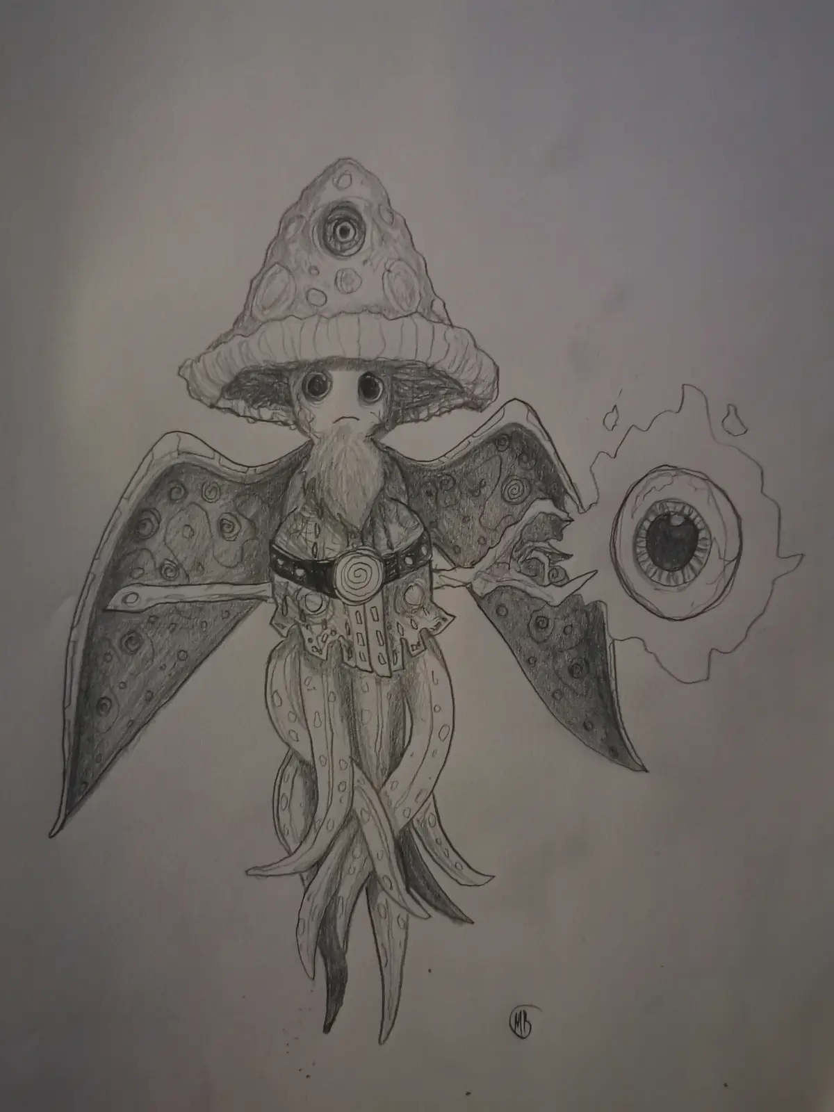 A pencil drawing of a whimsical, chibi-style squid-like creature wearing a mushroom-shaped hat and ornate armor with wings…