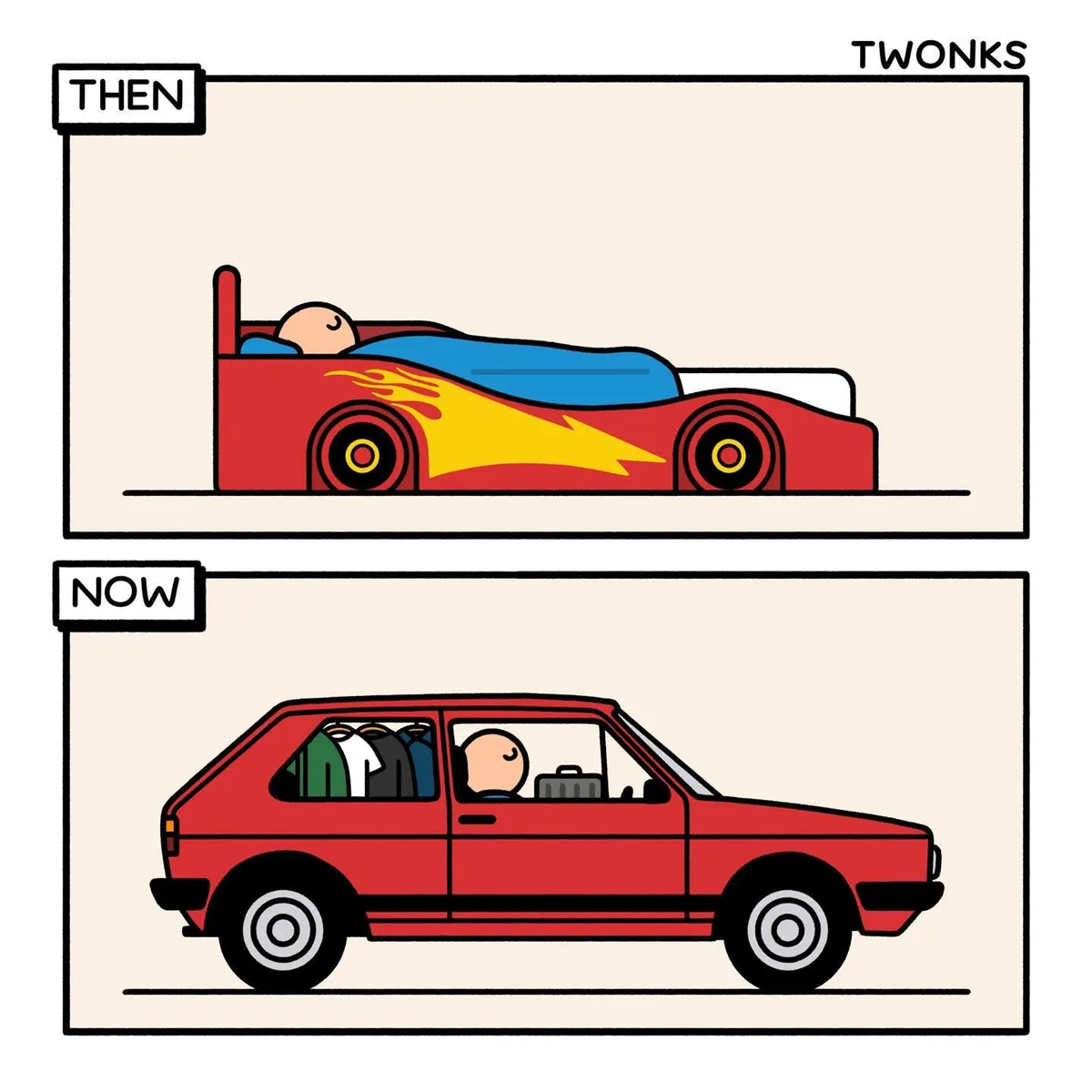 The image is a two-panel comic strip labeled 'THEN' and 'NOW'. In the top panel, a person sleeps in a red race car-shaped…