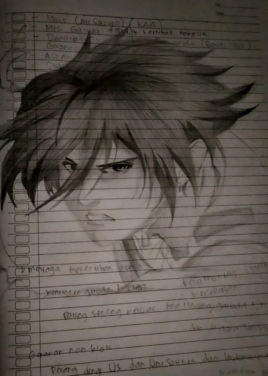 A pencil sketch of an anime-style male character with spiky hair and a serious expression is drawn on lined notebook paper…