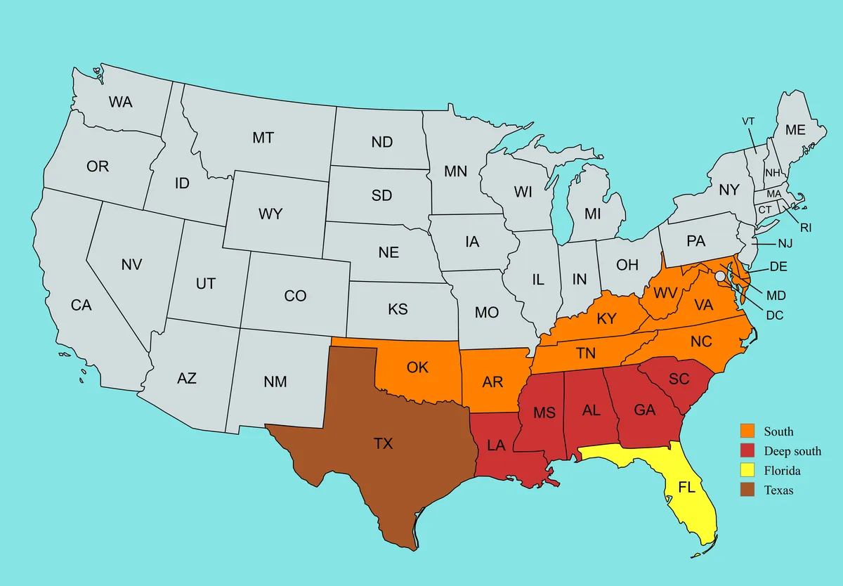 A map of the United States with states colored to represent regional categories: orange for 'South', red for 'Deep south'…