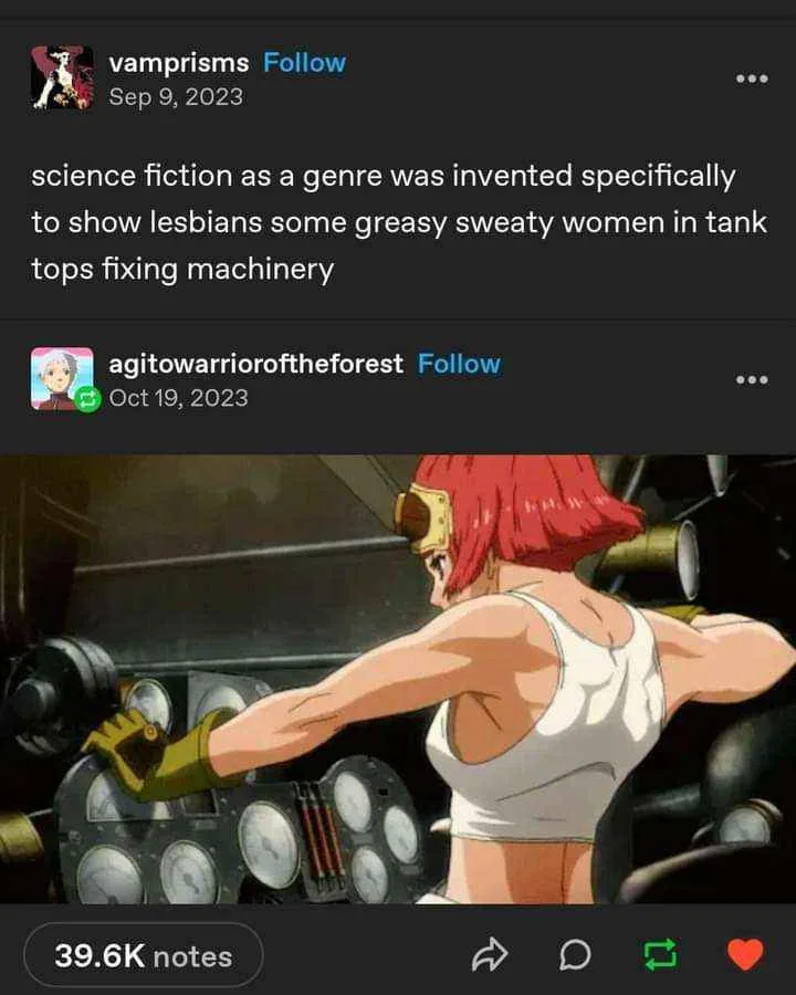 An anime-style image shows a red-haired woman from behind, wearing a white tank top and yellow gloves, intensely working on…