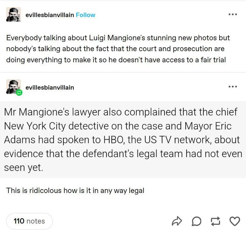A screenshot of two tweets from the account 'evillesbianvillain' criticizing the legal proceedings against Luigi Mangione…
