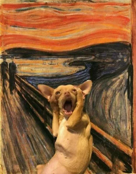 A small, light-brown dog with large ears and an open mouth is superimposed onto the iconic painting 'The Scream' by Edvard…
