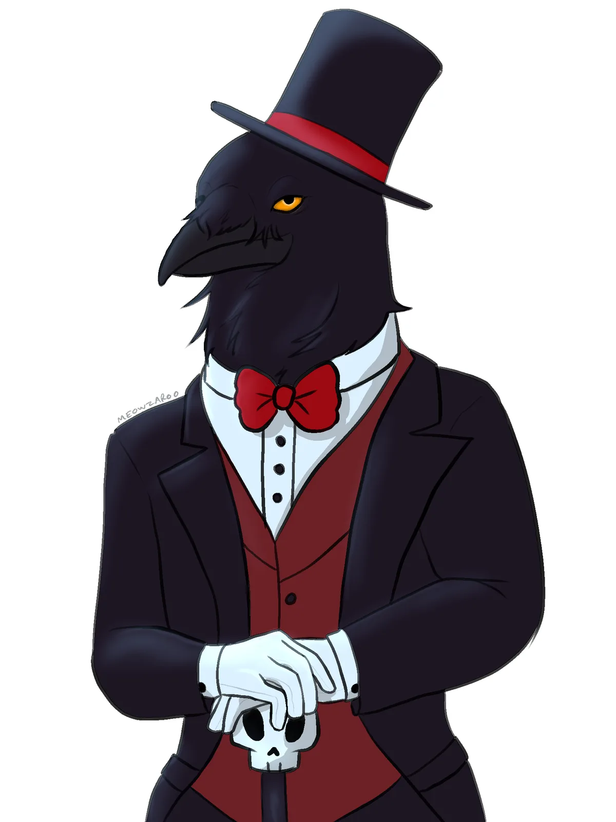 A cartoon crow dressed in a formal black suit, red vest, white shirt, and red bowtie, wearing a black top hat with a red…