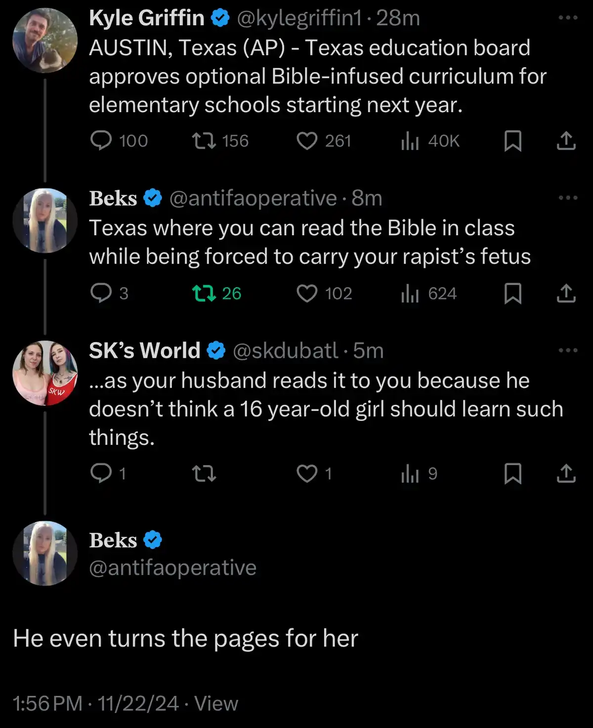 A screenshot of a Twitter thread shows a news post about Texas approving a Bible-infused curriculum, followed by replies…
