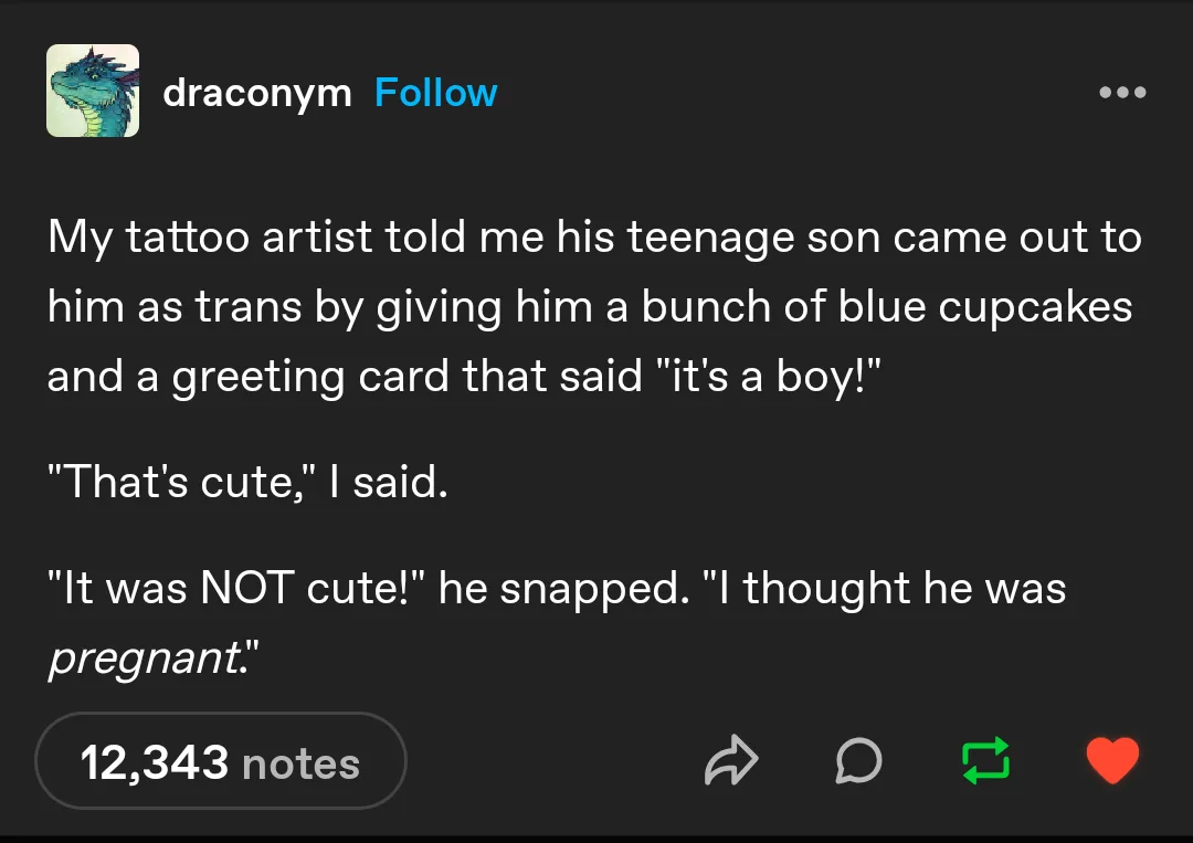 A screenshot of a Tumblr post by user 'draconym' showing a humorous anecdote about a tattoo artist's teenage son coming out…