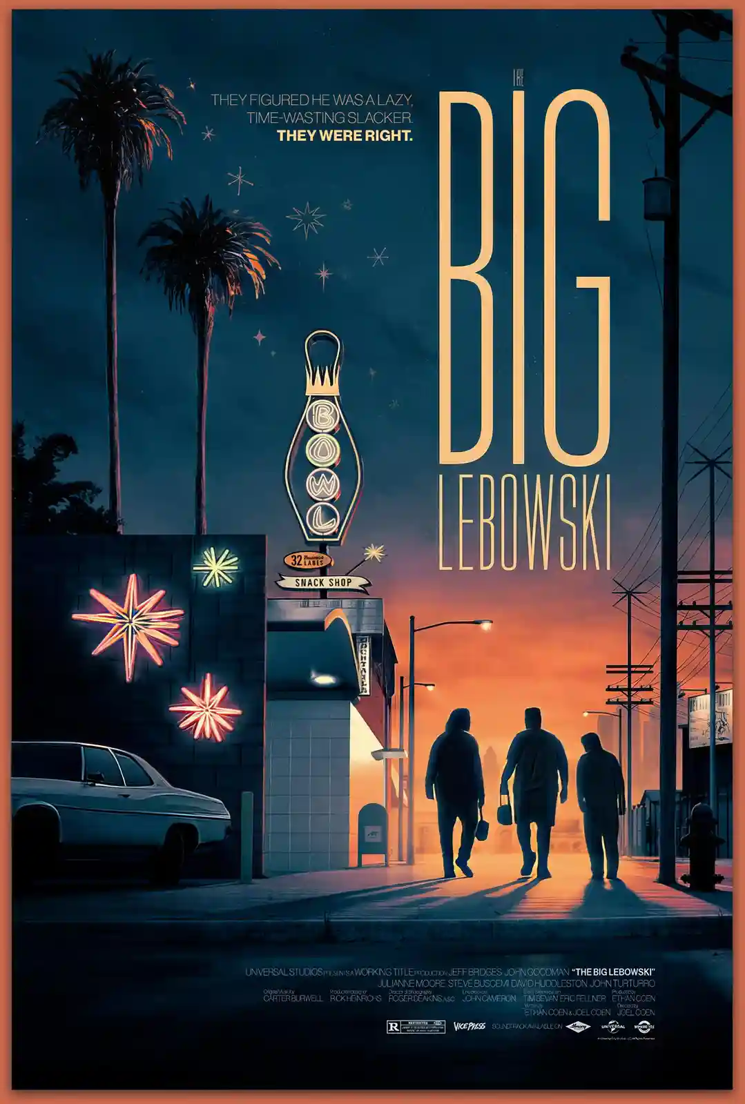 The image is a stylized movie poster for 'The Big Lebowski,' featuring three men in hooded jackets walking away from the…