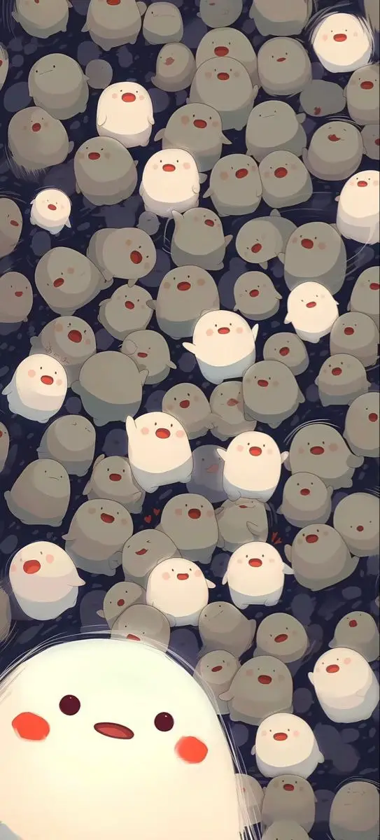 A large, close-up, cartoonish white creature with red cheeks and a slightly downturned mouth is in the foreground, looking…