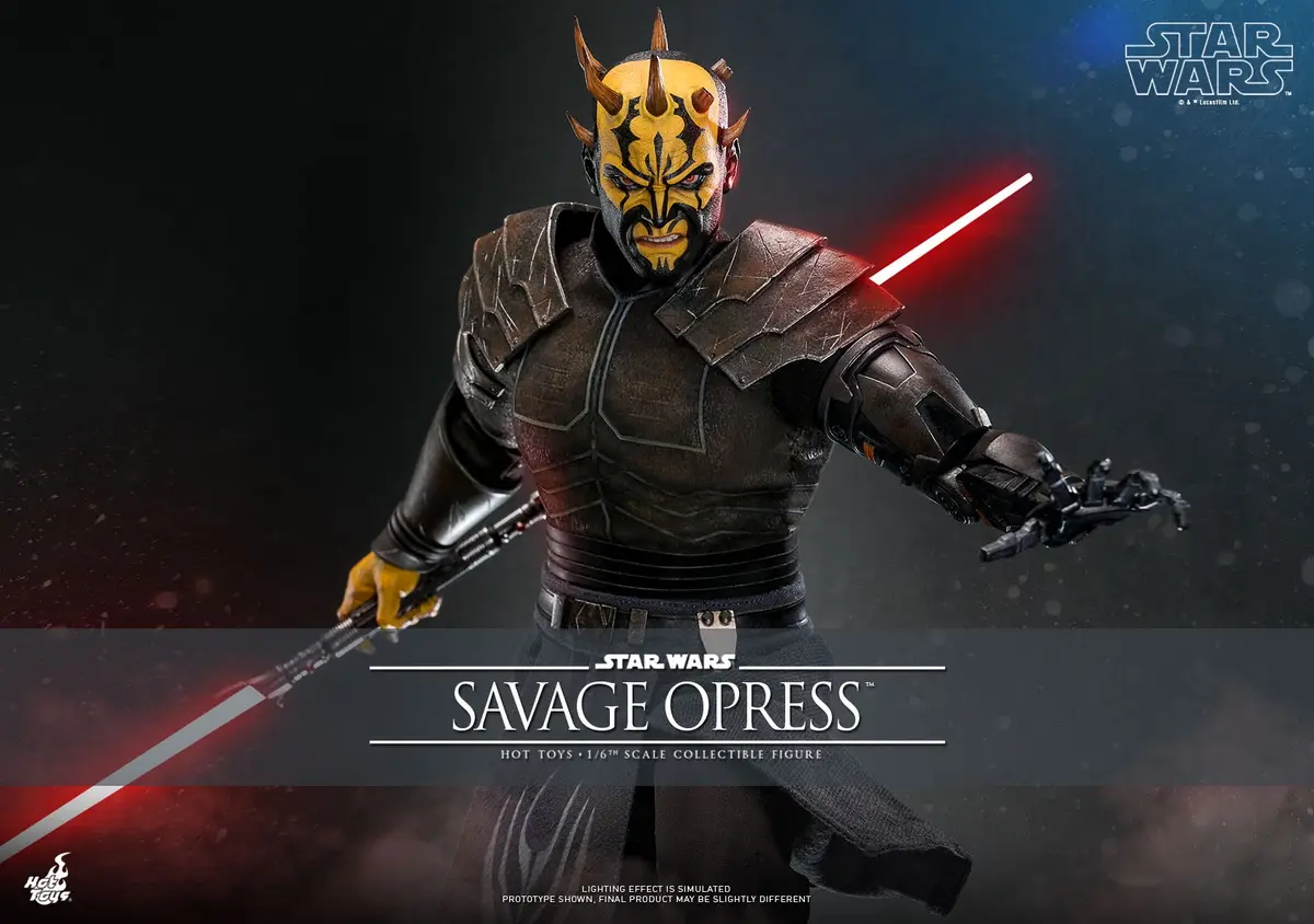 A promotional image for a Hot Toys Star Wars collectible figure of the character Savage Opress, shown in detailed armor…