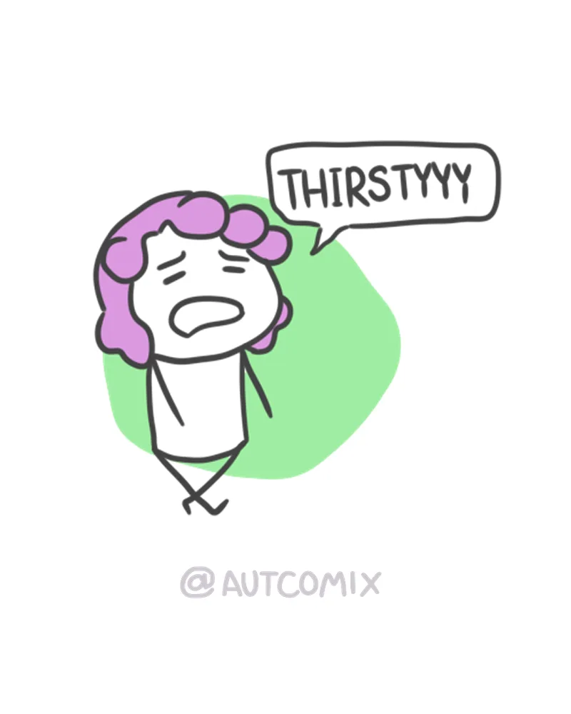 A simple cartoon drawing of a person with purple curly hair, looking distressed with a speech bubble above their head that…