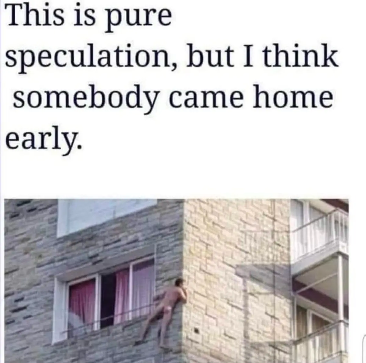 A shirtless man is seen climbing up the exterior wall of a multi-story apartment building, near a window with pink curtains…