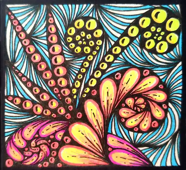 A vibrant, psychedelic-style drawing features abstract, symmetrical patterns with swirling blue and white stripes in the…