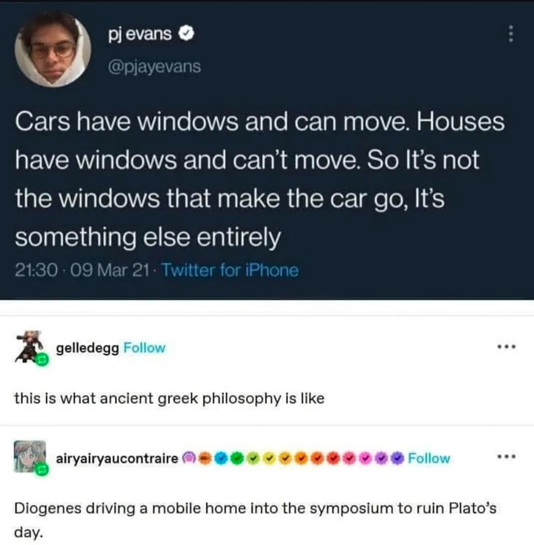 A screenshot of a Twitter thread shows a tweet by pj evans stating that since cars and houses both have windows but only…