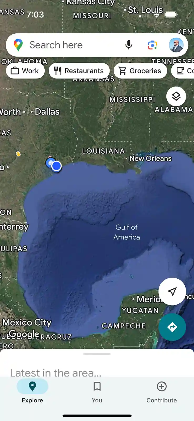 A screenshot of Google Maps showing the Gulf of Mexico labeled as 'Gulf of America' with a blue location pin over the water…