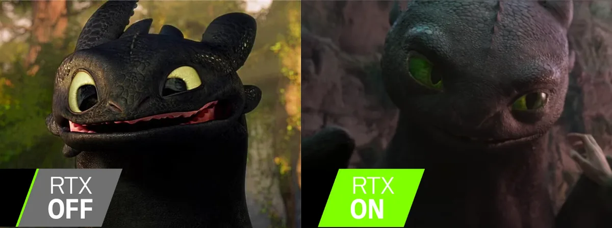 The image displays two side-by-side close-ups of the dragon Toothless from How to Train Your Dragon. The left panel, labeled…