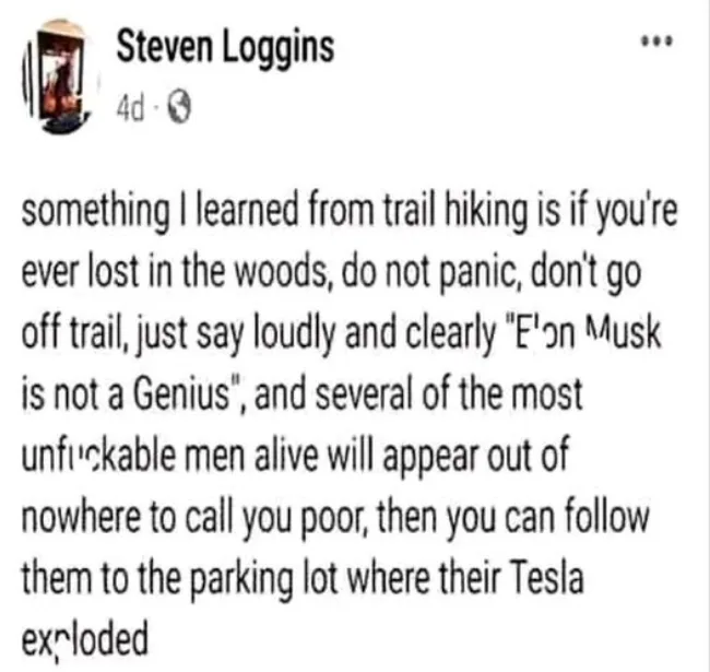 A screenshot of a Facebook post by Steven Loggins, which reads: 'something I learned from trail hiking is if you're ever…