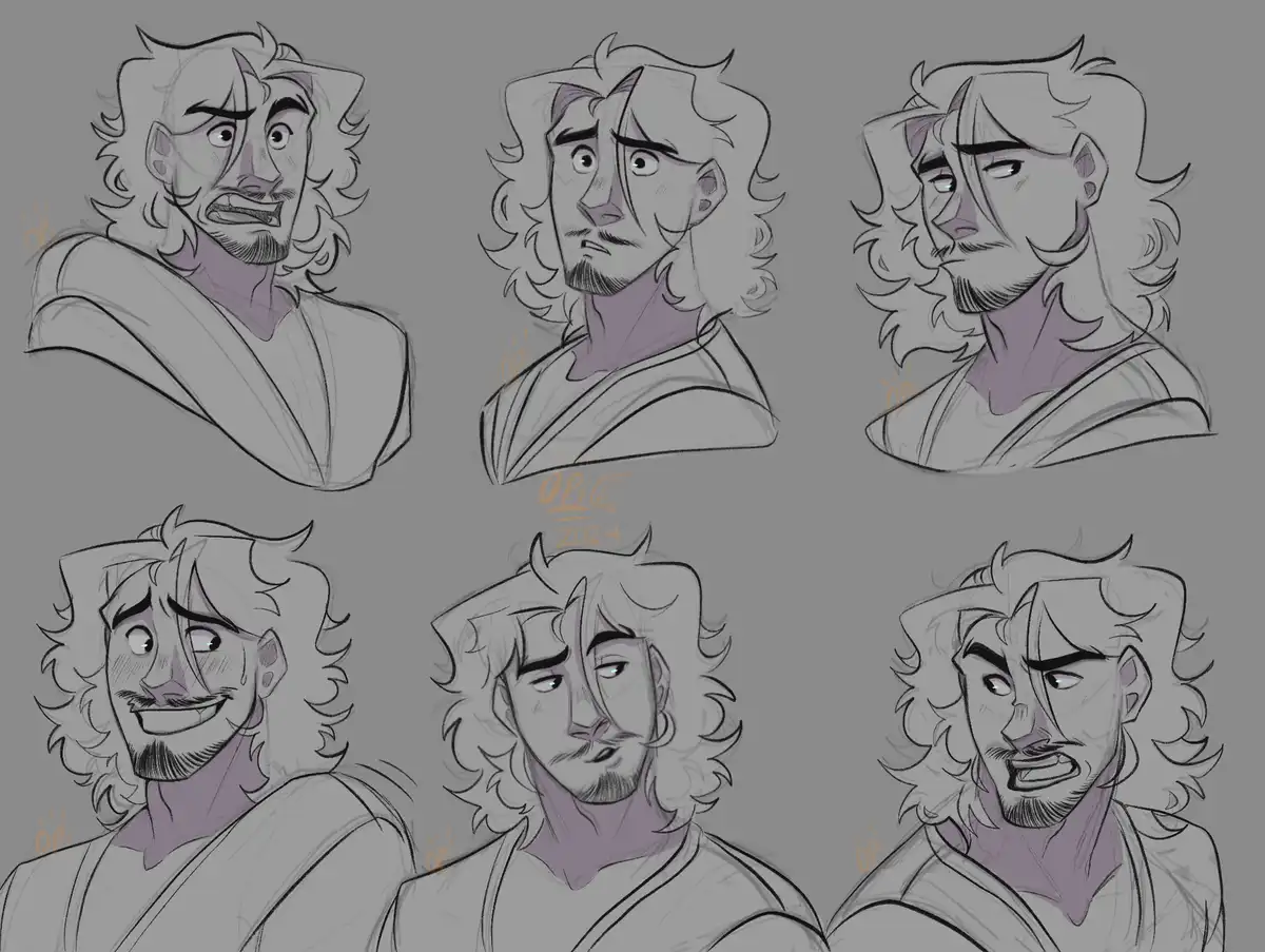 Six grayscale character design sketches of a man with long wavy hair and a beard, each showing a different facial expression…