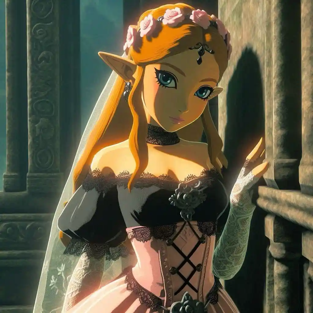 a character with pointed ears, long blonde hair adorned with pink roses, and a white veil, wears a black and pink corseted…