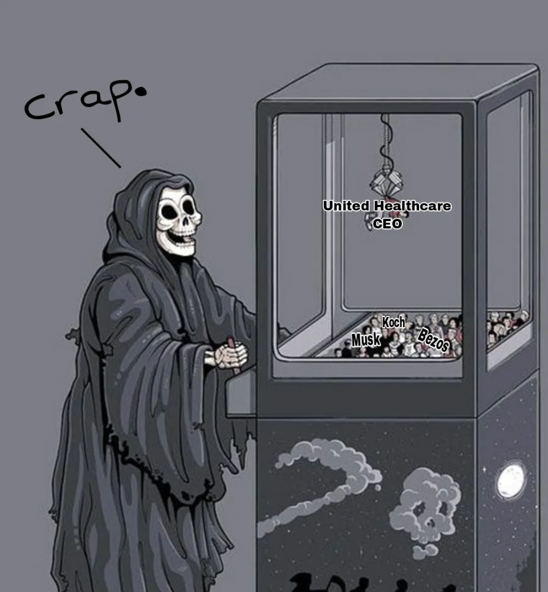 A cartoon grim reaper stands beside a claw machine, looking disappointed as the prize—a diamond labeled 'United Healthcare…