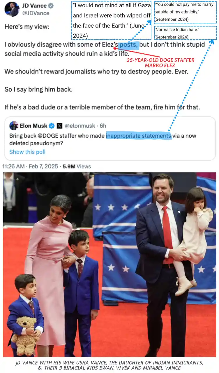 A screenshot of JD Vance's tweet defending Marko Elez, a 25-year-old DOGE staffer, against criticism for controversial…