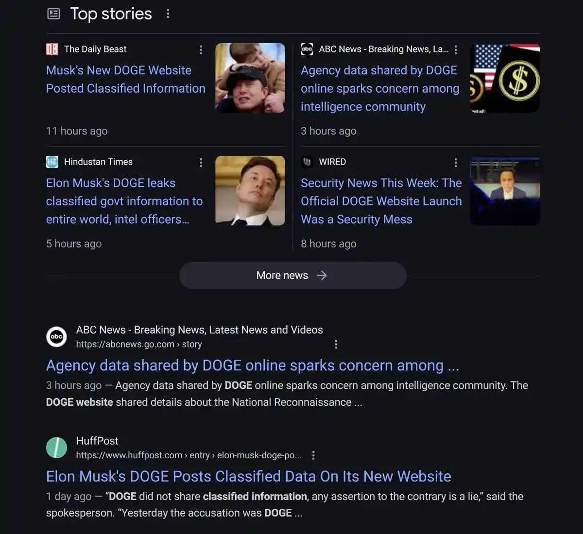 A screenshot of a 'Top stories' news feed shows multiple headlines falsely accusing DOGE (a cryptocurrency) of leaking…