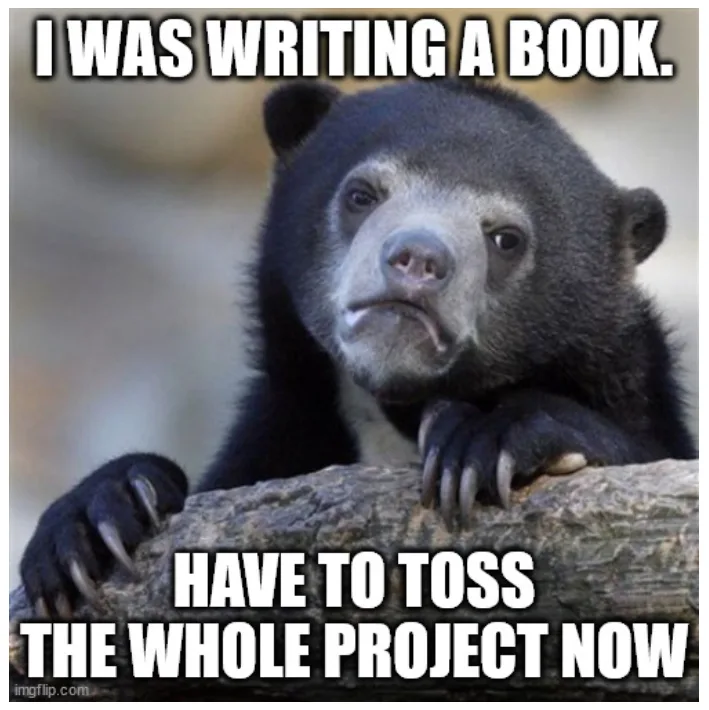 A black bear with a sad, resigned expression rests its paws on a log. White bold text overlaid at the top reads 'I WAS…