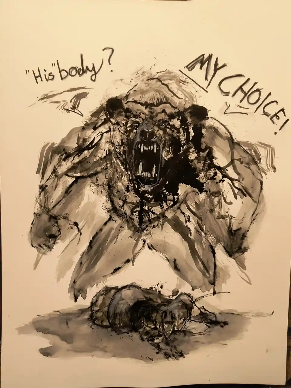 A black-and-white ink drawing depicts a monstrous, muscular, screaming figure standing over a smaller, defeated figure lying…