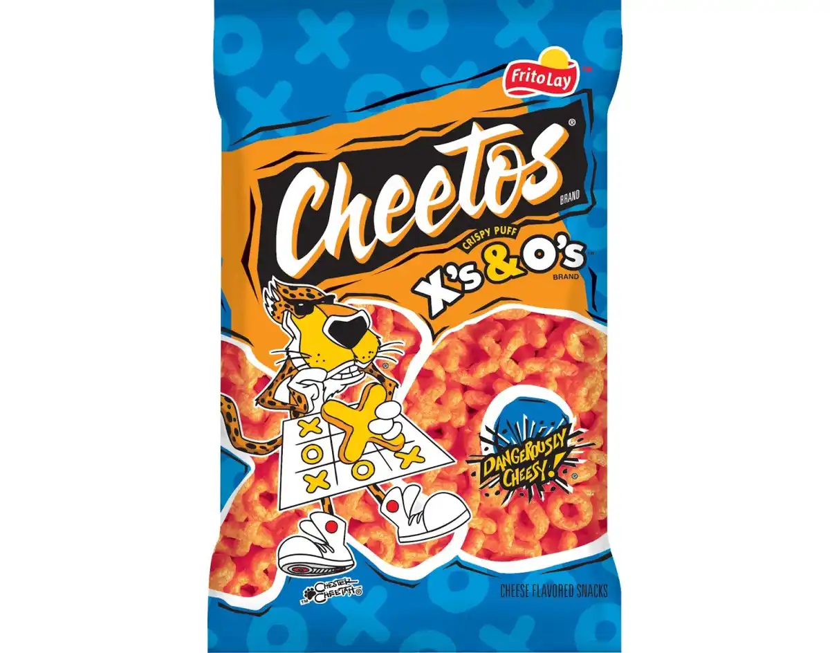A bag of Cheetos X's & O's snacks features the mascot Chester Cheetah playing tic-tac-toe with a giant orange 'X' chip…