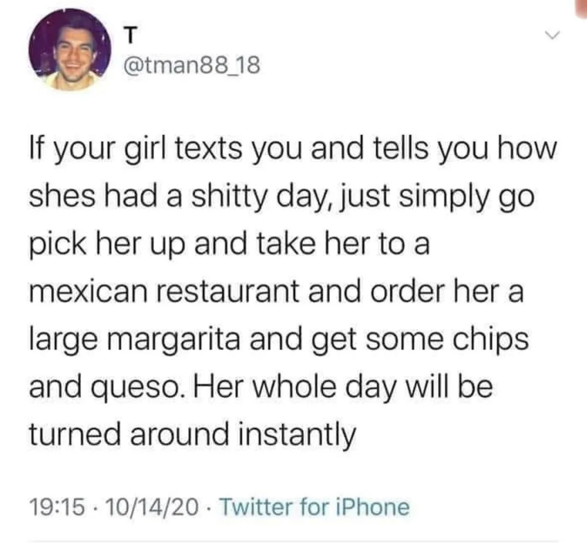 A screenshot of a tweet from user @tman88_18, showing a man's profile picture and a text message that advises going to a…