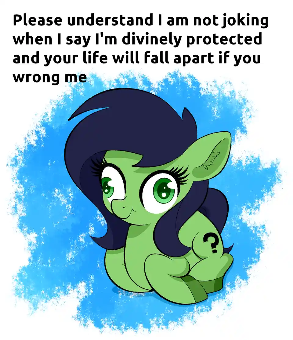 A green cartoon pony with dark blue hair and large green eyes sits cross-legged against a blue textured background. The pony…