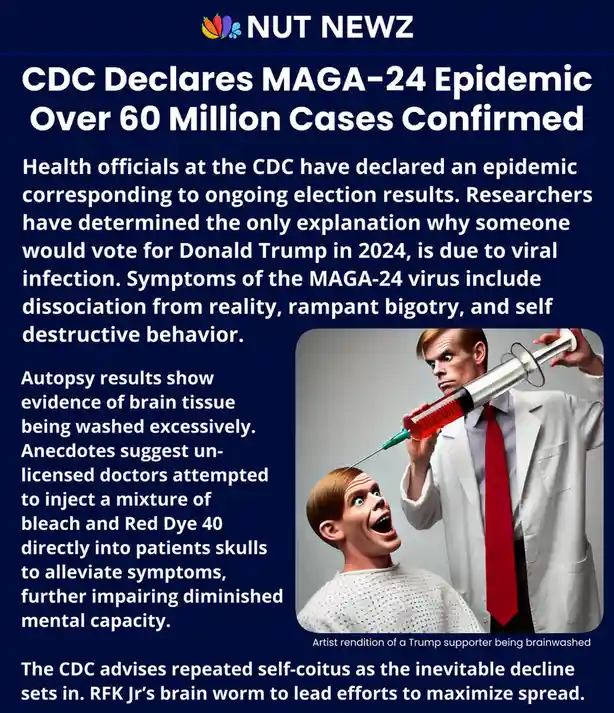 A satirical news article from 'NUT NEWZ' declares a fictional 'MAGA-24 Epidemic' with 60 million confirmed cases…