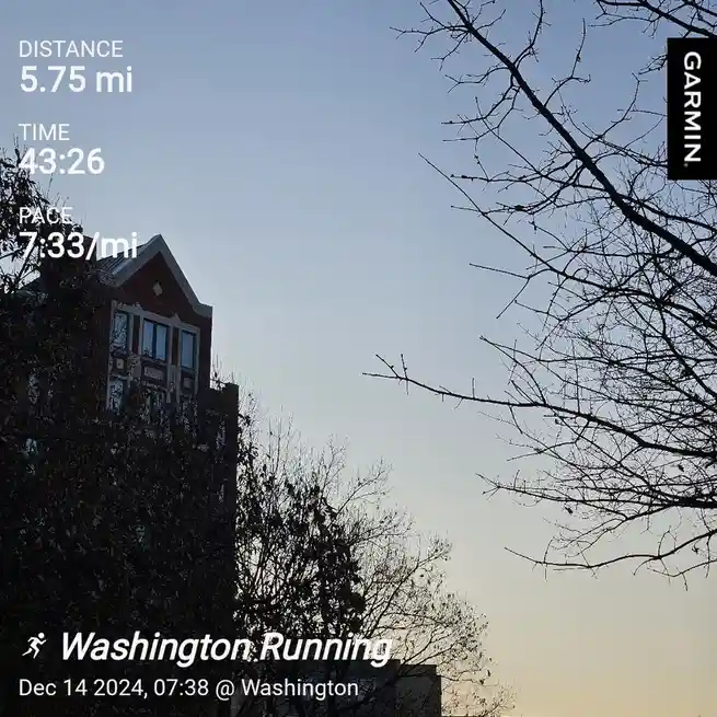 A screenshot from a Garmin fitness tracker showing a 5.75-mile run completed in 43 minutes and 26 seconds with a pace of…