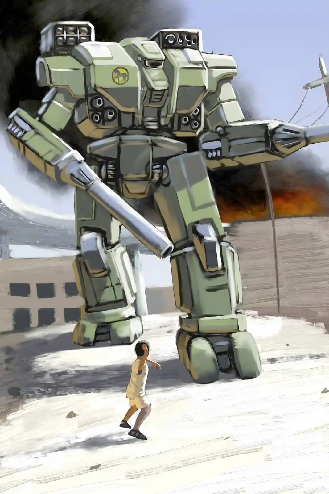A small child in casual clothes runs away from a massive, olive-green military-style giant robot standing in a ruined urban…