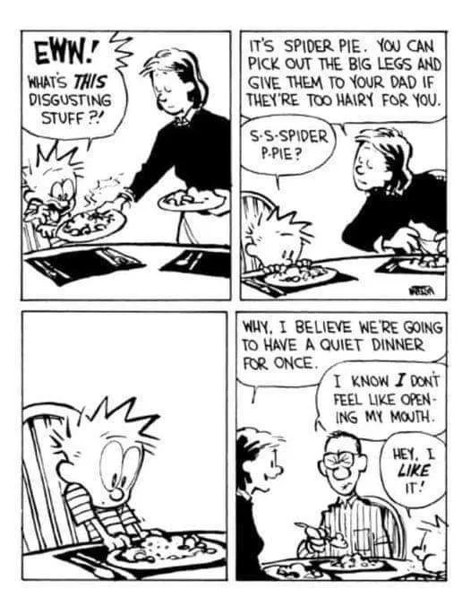 A four-panel comic strip shows a child reacting with disgust to a plate of 'spider pie' served by an adult. The child…
