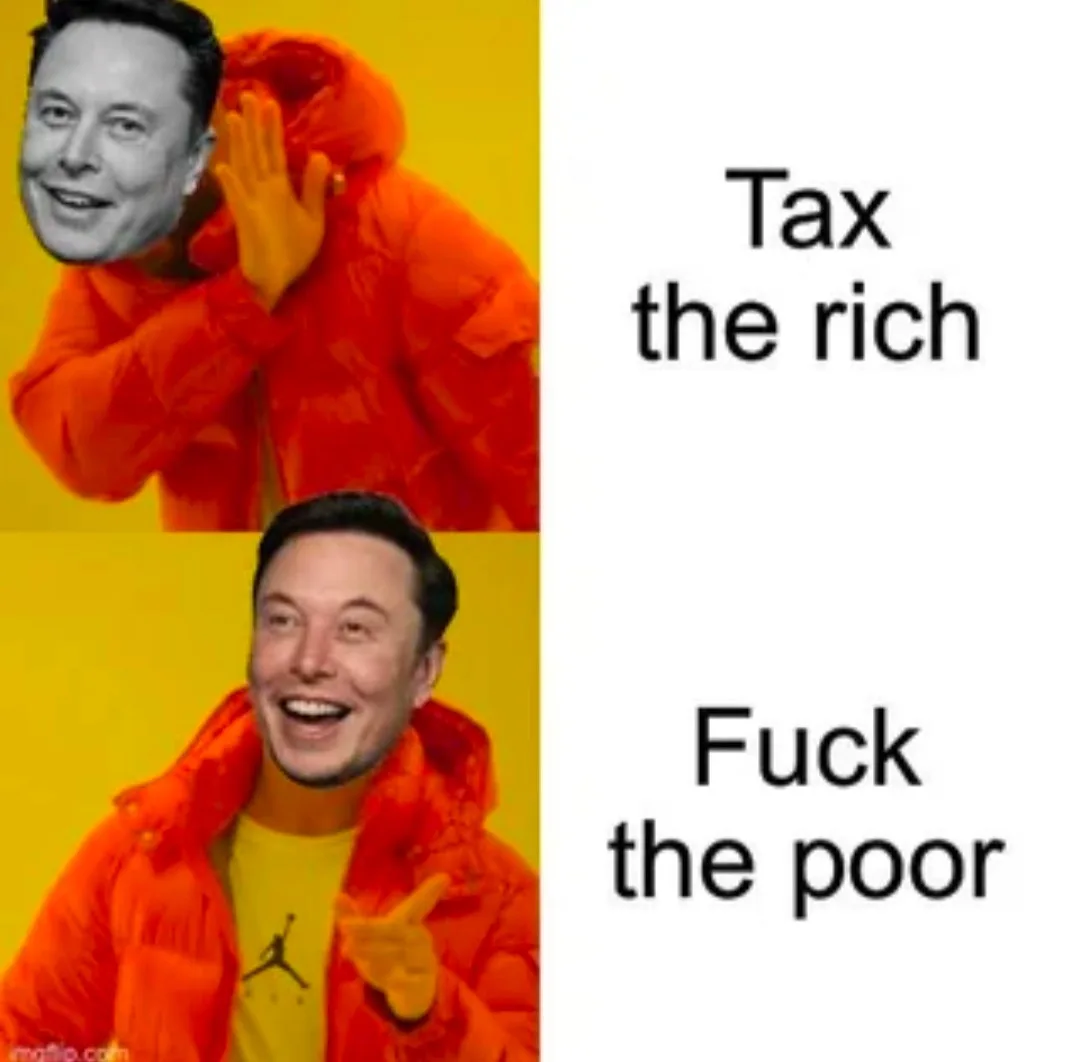 The image shows two panels of Elon Musk in an orange puffer jacket against a yellow background. In the top panel, he covers…