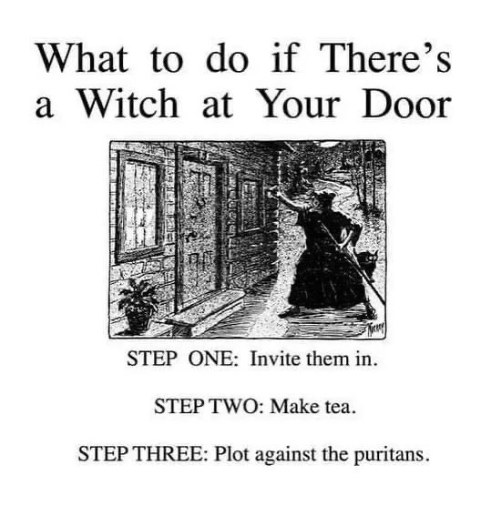 A black-and-white illustration shows a witch in a long dark dress and hat, holding a broomstick, standing at the threshold…