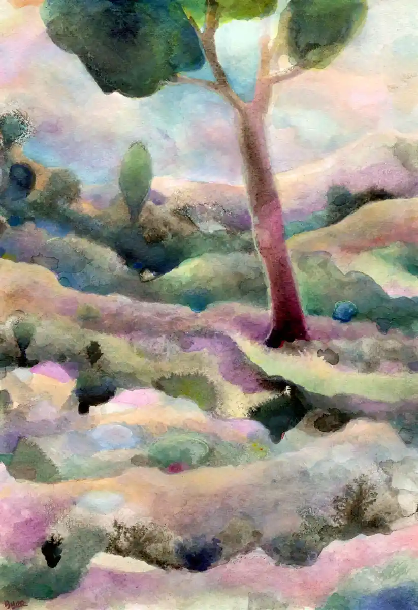 A watercolor painting of a stylized landscape with a prominent tree, rendered in soft, blended hues of purple, green, and…