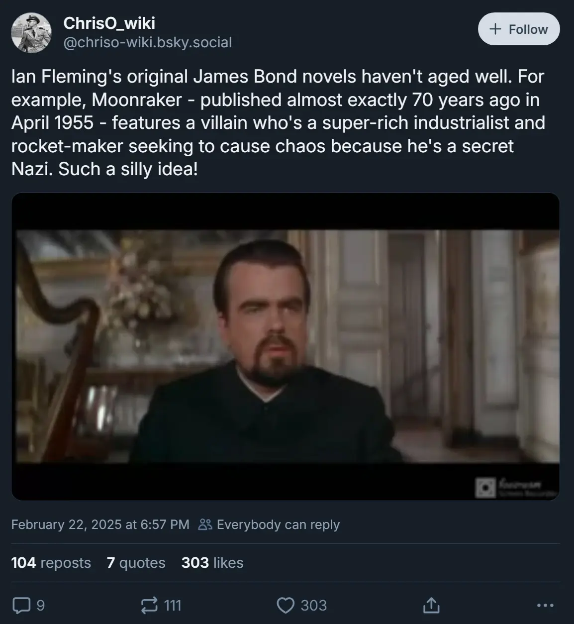 A screenshot of a social media post by ChrisO_wiki, which critiques Ian Fleming's original James Bond novels for their…