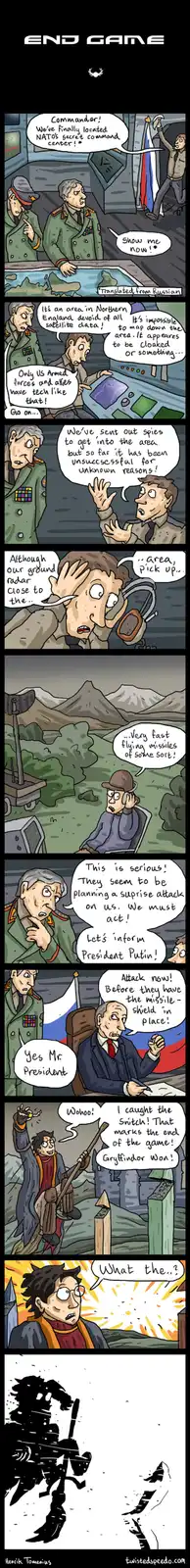 A comic strip titled 'END GAME' depicts Russian military officers discovering a mysterious, cloaked NATO command center in…