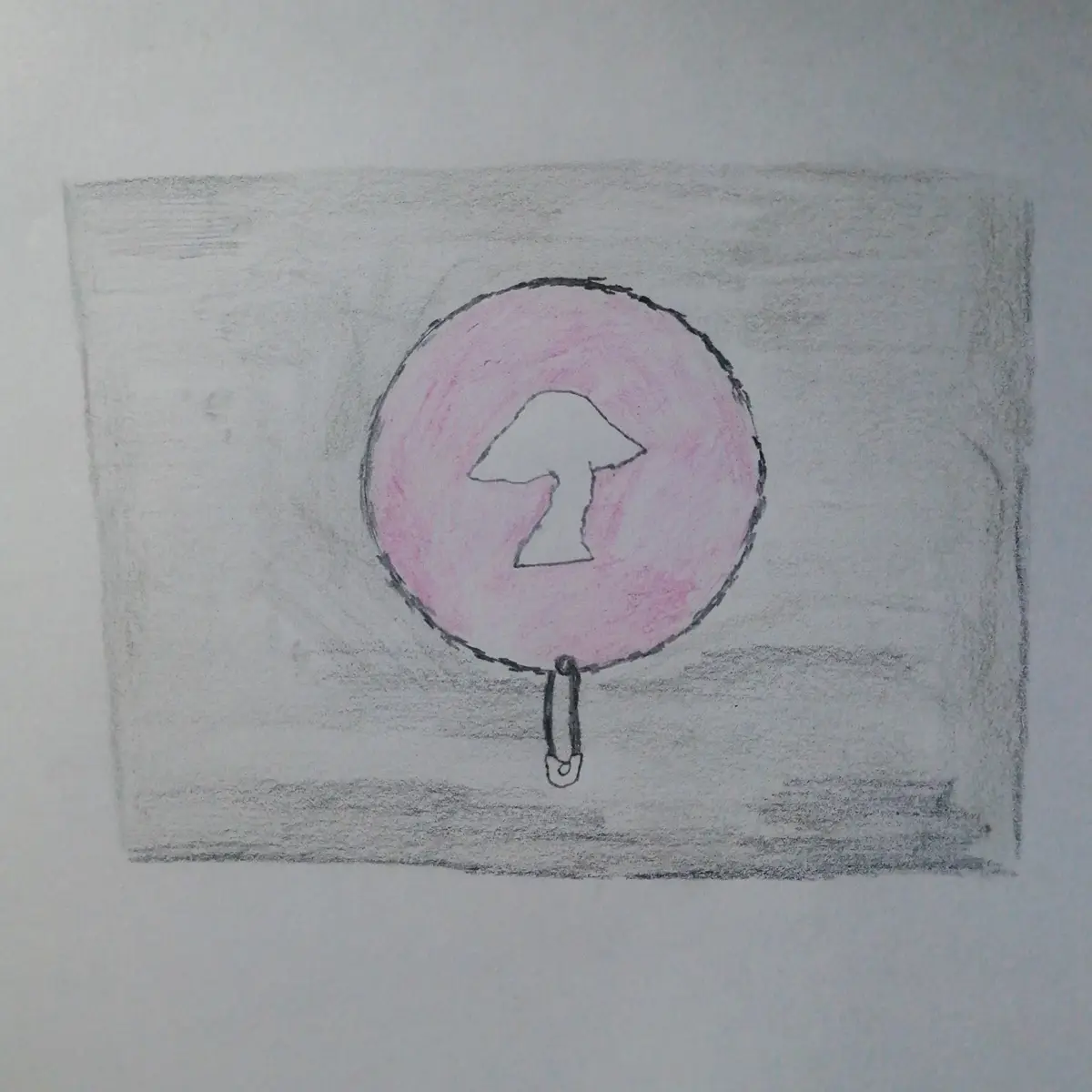 A hand-drawn image shows a pink circular sign with a white upward-pointing arrow, pinned to a surface with a safety pin. The…