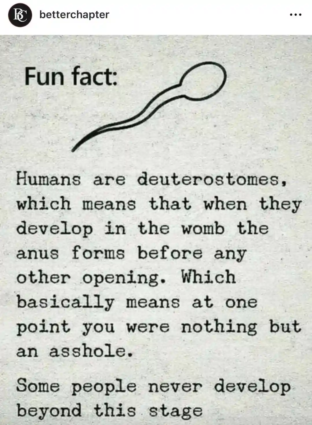The image displays a black-and-white text graphic resembling a typewritten fun fact. It features a simple line drawing of a…