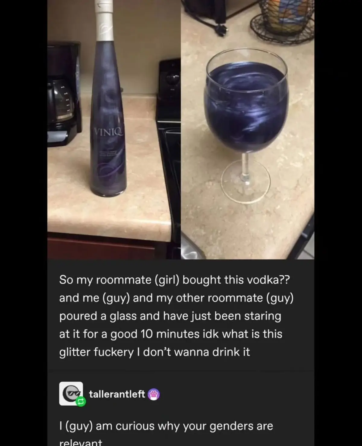 The image shows a split-screen: left side displays a tall, dark purple bottle labeled 'VINIQ' on a kitchen counter, right…