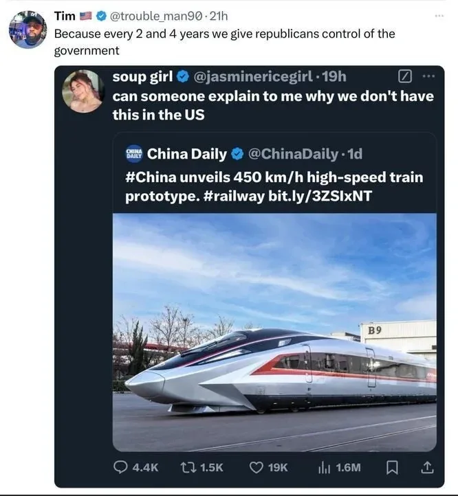 A screenshot of a Twitter thread shows a user named 'soup girl' asking why the US doesn't have the high-speed train shown in…