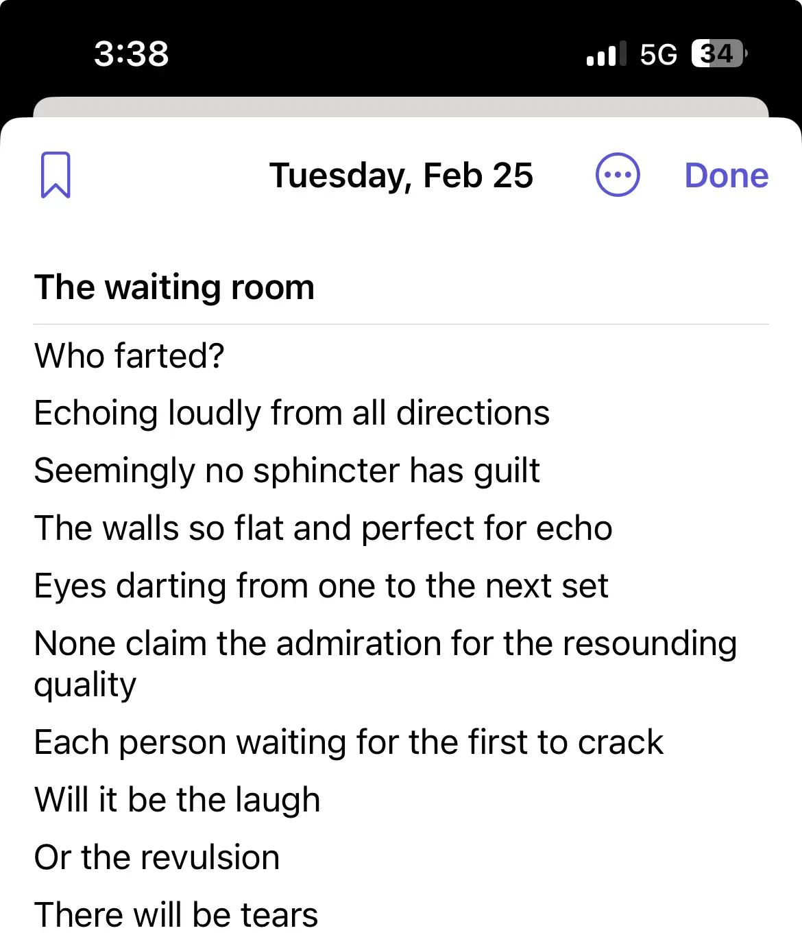 A screenshot of a phone's notes app displaying a poem titled 'The waiting room' that humorously describes the anxiety and…